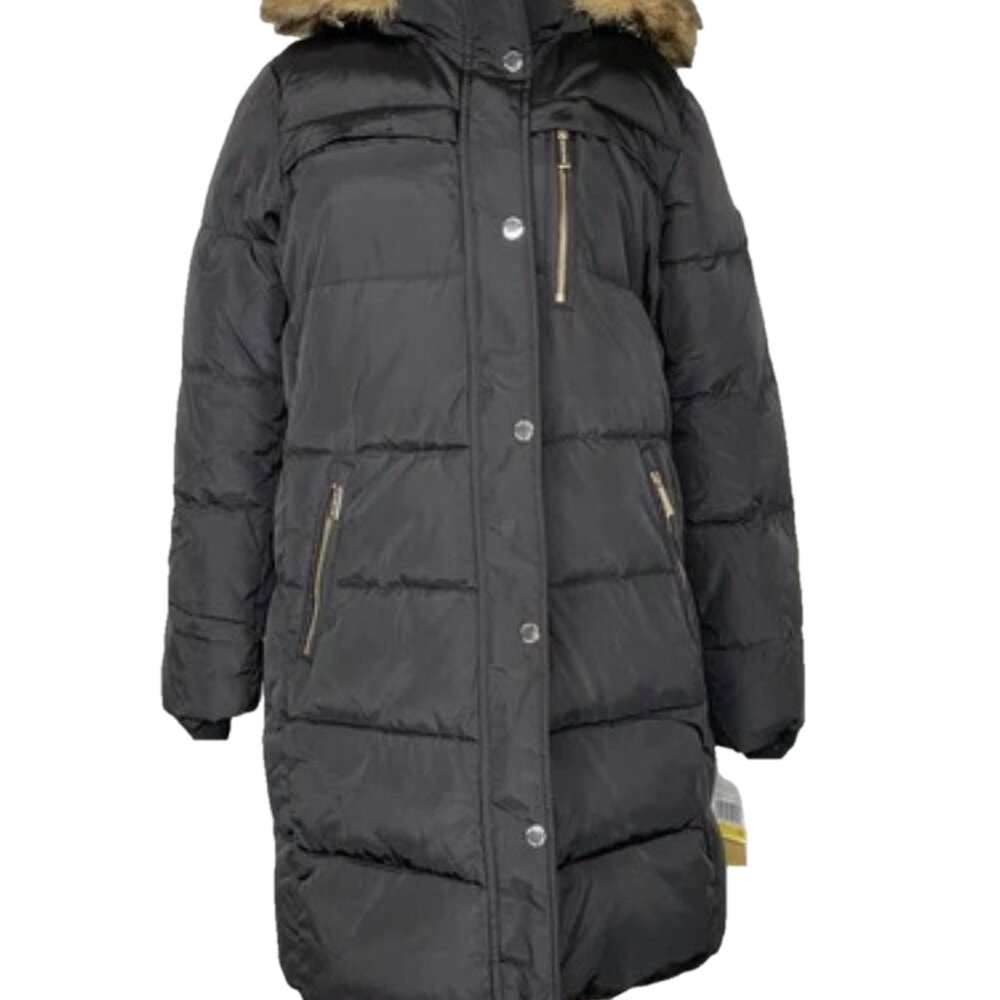 NEW MICHAEL KORS Womens Coat Black Size PM Faux Fur Trim Hooded Puffer Full Zip